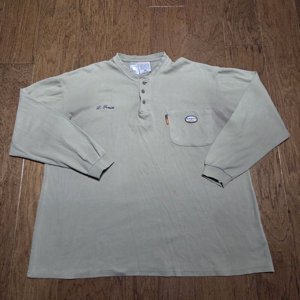 Rasco FR Shirt Mens 2XL Green Henley Long Sleeve Pocket Logo Relaxed Fit